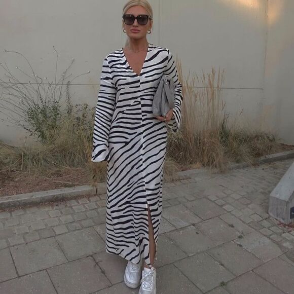 Zebra Print Midi Black Cream Viscose Dress H&M New - Picture 1 of 10